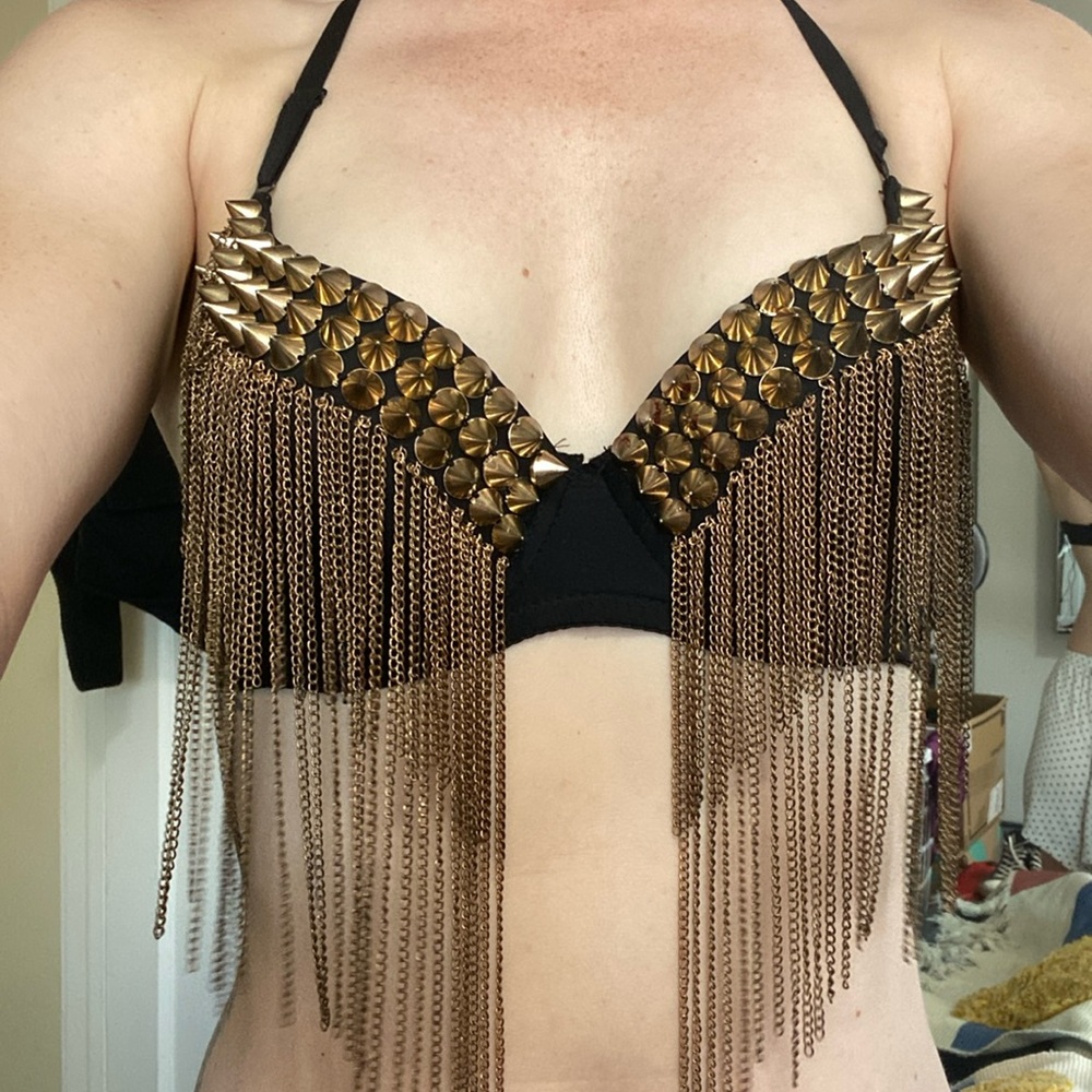 Studded chain fringe black mad max festival padded underwire bra women’s 34B S